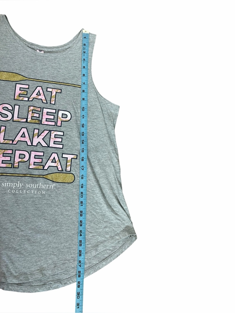 ♥️ Simply Southern Grey Eat Sleep Lake Repeat Sleeveless Tank Women’s Sz Large - Picture 7 of 7